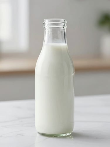Pristine close-up of fresh organic milk in a heavy glass bottle on a white marble counter, soft natural overcast daylight, shallow depth of field, minimalist styling