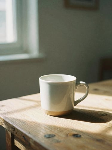 Soft editorial photography of a quiet sunlit room, a warm ceramic mug resting on a rustic wooden table, dappled window shadows, muted sage and warm cream tones, shallow depth of field, 35mm film style