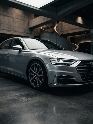 Low-angle heroic shot of a premium silver luxury sedan parked inside a modern architectural concrete showroom, dramatic studio key lights reflecting on the metallic hood, 50mm lens