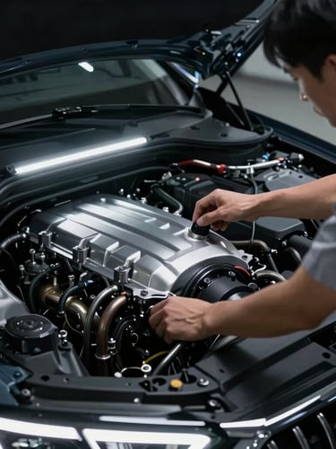 Cinematic close-up of a premium vehicle engine bay under crisp white LED lights, a professional technician in clean uniform performing a multi-point inspection, sharp focus.