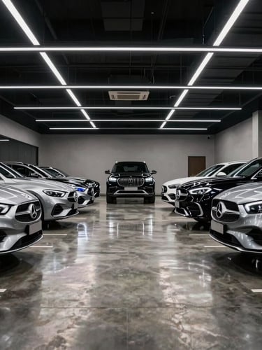 Cinematic interior of a modern luxury car showroom in Hyderabad, polished concrete floors reflecting overhead LED grid lights, pristine metallic silver sedans and black SUVs arranged with generous negative space, 50mm lens