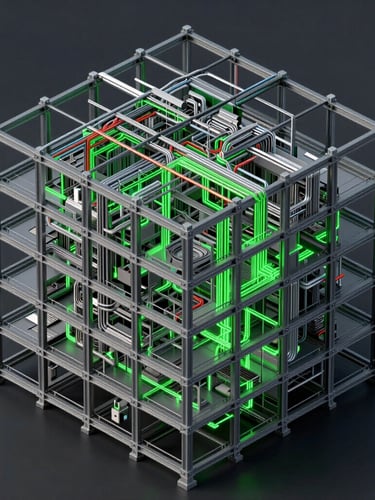 Isometric orthographic projection of a dense multi-layered BIM model, color-coded MEP piping weaving through structural steel beams, high-contrast laser green highlights on clash-free intersections, dark viewport background.