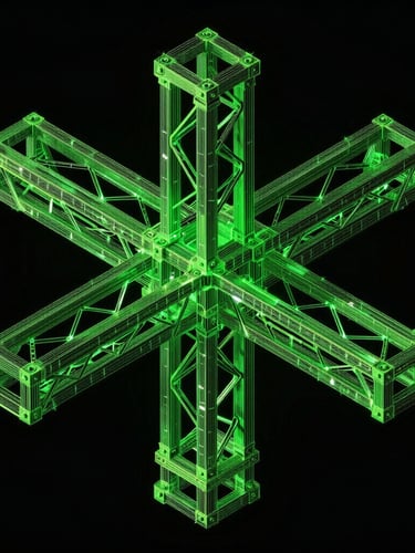 Isometric orthographic projection of a highly dense structural steel intersection, crisp vector lines, CAD viewport style, high-contrast laser green highlights on connection plates, dark background.