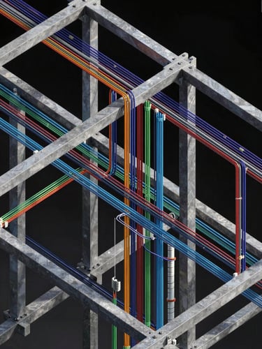Isometric wireframe of a dense MEP routing system with multi-colored pipes intersecting structural steel beams, high-contrast CAD viewport styling on a dark background.