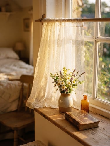 Warm golden-hour sunlight filtering through a white-curtained window of a cottage, soft yellow shadows, 35mm film style