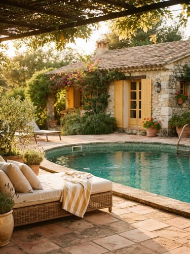 A bright, sun-dappled pool patio at golden hour, warm yellow cottage shutters in the background, clean lines, 35mm film style.