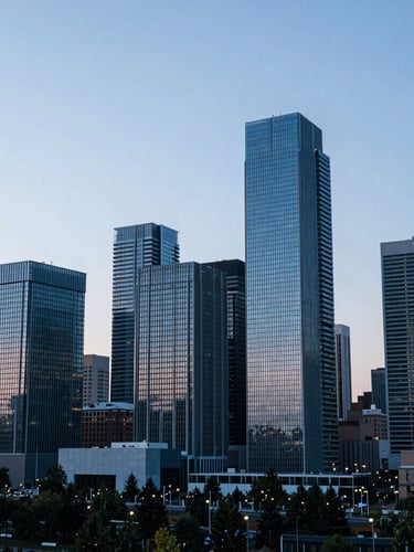 Wide environmental view of the Edmonton skyline at dusk, modern glass towers reflecting cold blue light, clean composition with negative space on the left.