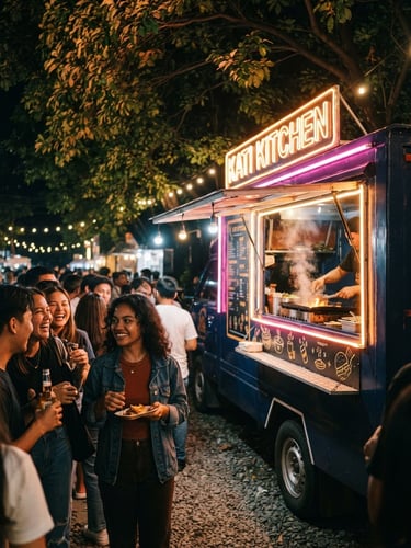 Vibrant food truck lit up at night under Katipunan trees, warm glowing neon signs, happy young crowd waiting in line, 35mm lens