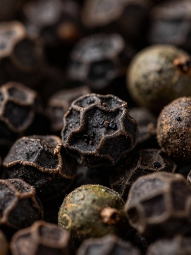 Macro photography of a single whole ungarbled peppercorn showing its rich textured surface, rich charcoal tones, 35mm