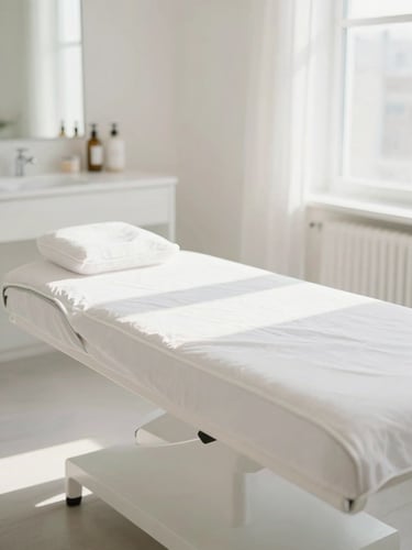 Bright sun-drenched treatment room with minimalist white furniture, soft natural daylight, shallow depth of field, 35mm