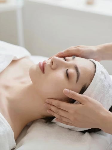Close-up of a gentle hands-on facial treatment in soft, diffused natural daylight, clean white and pastel tones, shallow depth of field, professional aesthetician