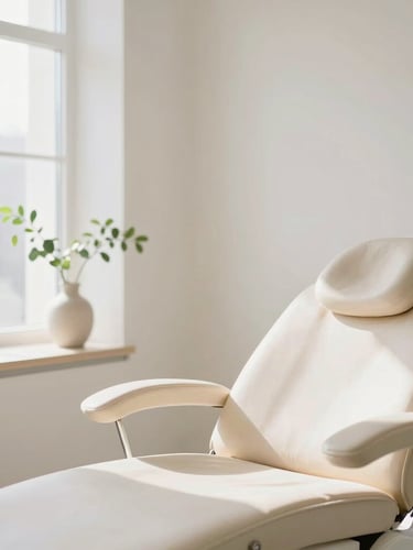 Bright sun-drenched minimalist clinic interior with soft natural light, warm neutral tones, a plush treatment chair, and delicate green foliage in a ceramic vase, shallow depth of field, 35mm