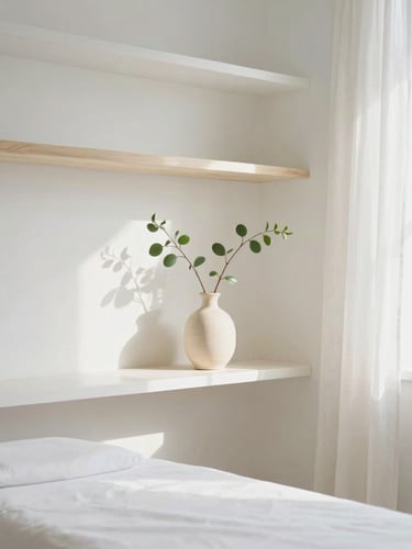 Bright, sun-drenched treatment room with minimalist white oak shelves, soft linen drapes, and a single green branch in a ceramic vase. Soft natural daylight, shallow depth of field, 35mm.