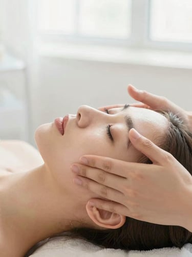 Close-up of a gentle hands-on facial treatment in a bright sun-drenched treatment room, soft natural daylight, clean white aesthetic, shallow depth of field, 35mm