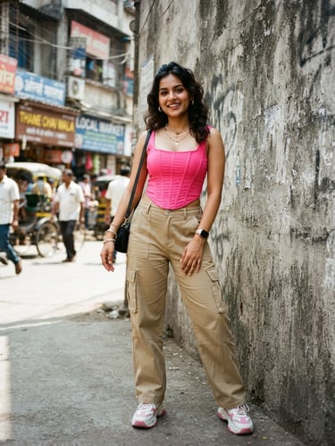 Dynamic street-style crop of a young woman wearing an electric pink corset top and cargo pants, standing against a high-contrast concrete wall in Thane, bright natural daylight, 35mm lens