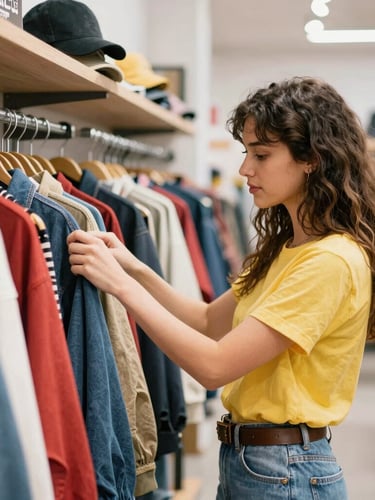 Portrait shot of a young woman browsing a well-lit rack of colorful Western wear inside GIRL 16 NX, vibrant high-contrast, natural indoor light, energetic youthful mood, sharp focus, 35mm lens