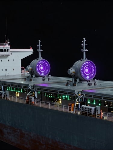 Wide-angle side profile of a massive industrial cargo ship with cargo spindles expanded, glowing purple cockpit telemetry, cold dark space background, 35mm cinematic sci-fi photography.