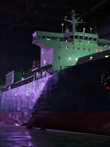 Wide-angle portrait of a massive industrial cargo ship docked in a dark hangar bay, cold purple and green terminal backlighting, sharp metallic hull plating, cinematic sci-fi photography