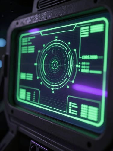 Extreme close-up of a holographic ship terminal HUD glowing neon green and purple in a dark cockpit, sharp industrial details, 35mm cinematic sci-fi