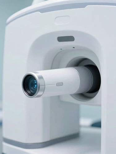 Close-up of a high-tech dental 3D imaging sensor, clean clinical photography, bright high-key studio lighting, sterile white and soft blue tones, sharp focus