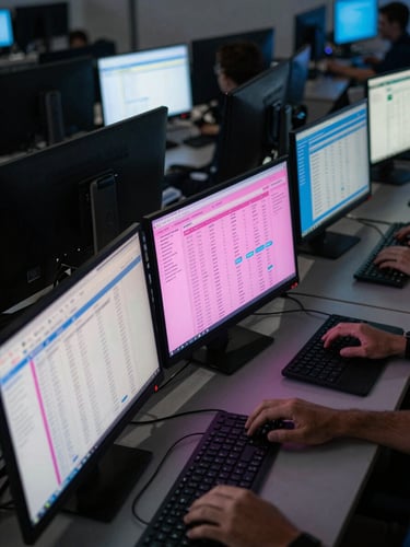 Bird's-eye tight shot of an eCommerce operations center, screens displaying order management dashboards with real-time fulfillment metrics and inventory analytics in neon pink and electric blue, dark room lit by monitor glow, hands visible at workstation, no people faces