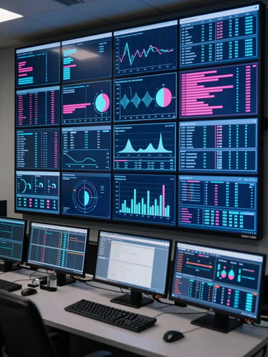Wide shot of an enterprise operations control center, multiple large monitors displaying live data dashboards and analytics graphs, blue and pink neon UI elements glowing on dark screens, no people in frame, cool technical studio lighting, tight crop on the screen array, precise and operational atmosphere