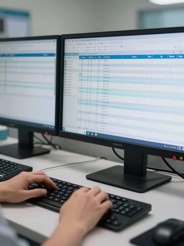 Close-up of a healthcare operations workstation, multiple screens showing patient workflow queues and clinical reporting dashboards, cool blue-white monitor glow, hands on keyboard mid-entry, clinical environment, tight framing on screen data, naturalistic interior lighting
