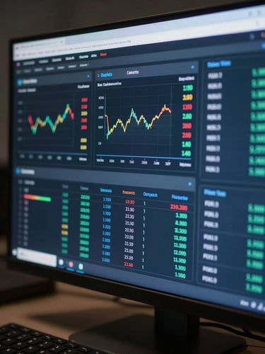 Extreme close-up of a banking analytics dashboard on a wide monitor, live transaction data, risk indicators, and compliance metrics displayed in electric blue on near-black UI, keyboard edge in foreground, cool studio lighting, tight crop on screen surface
