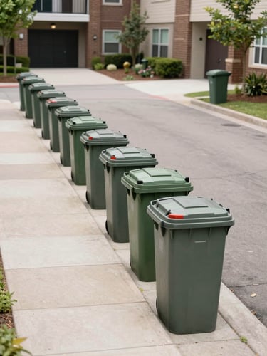 Wide environmental shot looking down a tidy apartment-complex driveway at midday, neatly staged trash bins lined along a clean curb, no residents in frame, natural bright daylight, organized and orderly staging area, property entry visible in the background