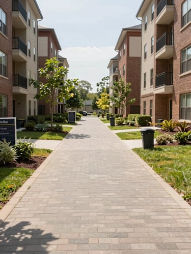 Wide environmental shot of a clean apartment community courtyard after a cleanup, empty paved walkways and tidy landscaping under midday sunlight, no litter or bins visible, property entry signage partially visible at left edge