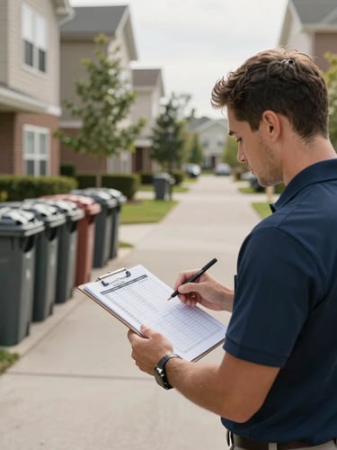 Mid-shot of a property manager in a polo shirt reviewing a printed pickup schedule on a clipboard at a residential community entrance, morning daylight, organized trash bin staging area visible behind them along a clean concrete path, environmental framing with building facades in soft focus