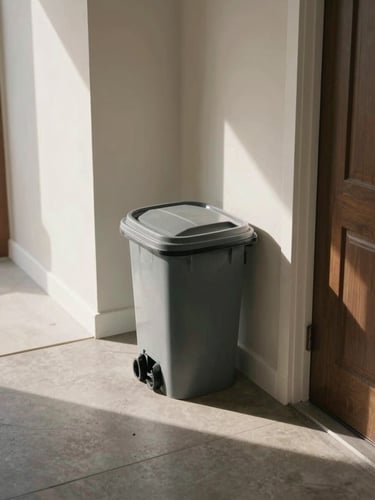 Overhead mid-shot of a property corridor at a townhome community, a single clean trash bin placed neatly at a doorstep, morning daylight casting soft shadows, organized and uncluttered hallway, no people