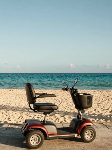 Wide environmental shot, a mobility scooter parked on a bright Caribbean beach boardwalk to the right, turquoise sea visible in the background, warm golden-hour daylight, a vacationer's hand resting on the handlebar, no faces, generous sky above