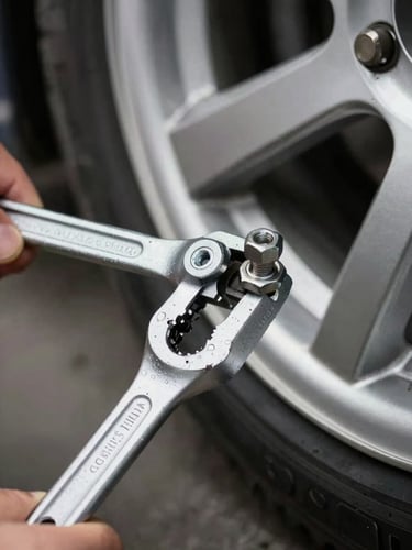 Extreme close-up from the left, a torque wrench mid-tighten on a wheel lug in a clean workshop bay, bright even studio lighting rendering the chrome tool and steel fastener with sharp clarity, dark background behind the wheel rim, no person visible above the wrist