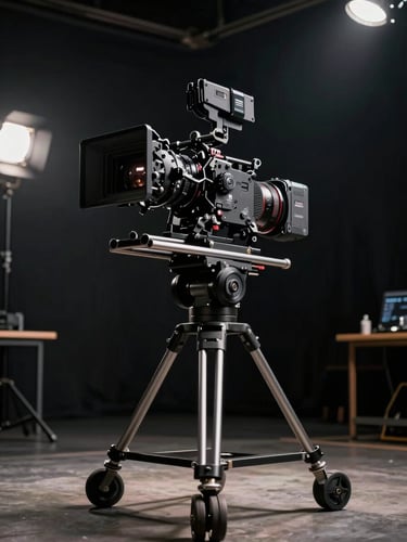 A low-angle, high-contrast cinematic portrait-oriented still of a large-scale camera rig on a dark soundstage. Dramatic chiaroscuro lighting, subtle anamorphic lens flares, deep shadows, and professional film set environment.
