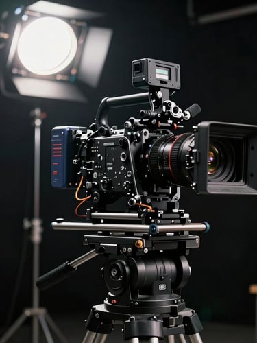 High-contrast cinematic still of a large-scale camera rig on a commercial set, low-key dramatic lighting, anamorphic lens flare, dark background