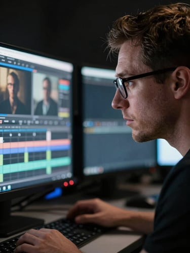 Portrait crop, high-contrast dramatic lighting. A director analyzing glowing monitors in a low-lit editing suite, extreme close-up, sharp focus on the screen reflection.