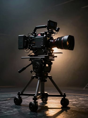 Ultra-wide 2.39:1 cinematic frame. Low-key chiaroscuro lighting. A massive anamorphic camera rig positioned on a dark soundstage, golden rim light outlining the silhouette of the machinery, atmospheric haze.