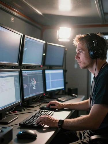 Behind-the-scenes portrait of a film director analyzing multiple glowing monitors in a dimly lit production truck, high-contrast chiaroscuro lighting, anamorphic lens flare.