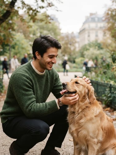 Warm editorial photograph of Davide gently interacting with a golden retriever in a Parisian park, soft natural daylight, shallow depth of field, muted forest green and cream tones.