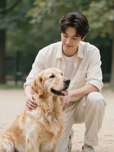 Authentic portrait of Davide with Vulcano, a Golden Retriever, interacting gently in a Parisian park, soft natural daylight, shallow depth of field, muted forest green and cream tones.