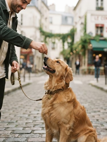 Warm editorial photograph of a Golden Retriever (Vulcano) on a quiet Parisian street, looking up at Davide's hand, soft natural daylight, shallow depth of field, muted forest green and cream tones.