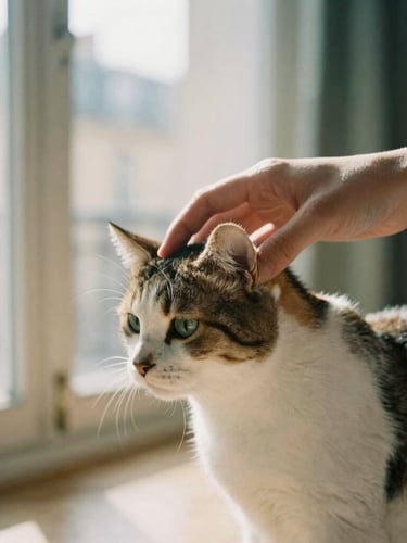 Close-up of a hand gently stroking a cat's head in a sunlit Parisian apartment, soft natural window light, shallow depth of field, 35mm, warm editorial photography