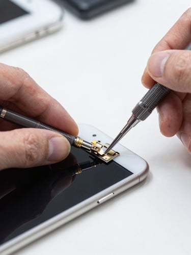 Close-up macro shot of a technician using precision tools to replace an iPhone screen on a brightly lit workbench, sharp focus