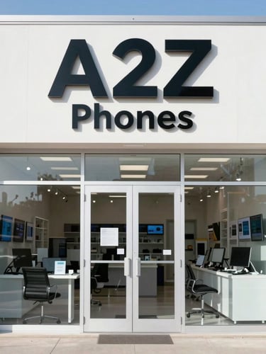 Straight-on eye-level shot of A2Z Phones clean physical storefront in Calgary, bright daylight, clear signage