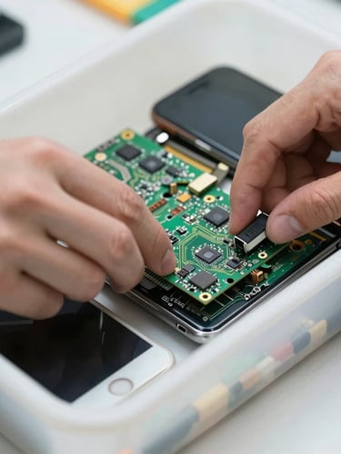 Macro close-up of a technician sorting old circuit boards and recycled phones into a clean bin, bright workbench lighting, crisp technical photography