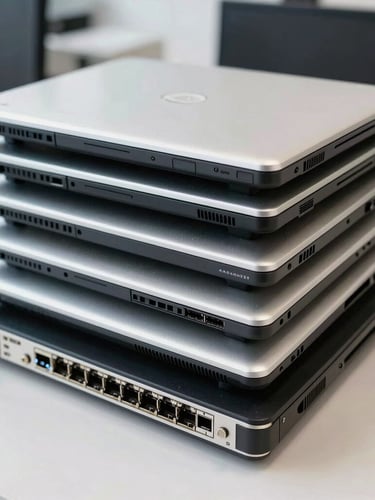 Eye-level shot of a clean stack of decommissioned office laptops and networking equipment ready for recycling, bright natural lighting, sharp focus