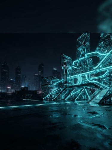 Wide panoramic sleek dark-mode 3D render of interconnected glass structures glowing with electric cyan light, sharp architectural angles, moody low-key ambient lighting, ultra-detailed glass textures, cinematic depth of field, subject placed to the right third.
