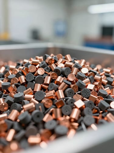 Close-up of clean copper granules separated from cable insulation in a bright modern recycling facility, sharp focus on metallic texture, industrial photography, 35mm lens