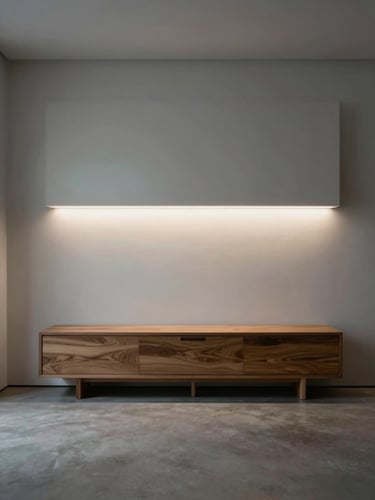 Wide shot of a minimal living room corner — a wall-mounted display panel glowing softly beside a low oak credenza, cool overhead ambient light, no people, muted slate and white palette, architectural stillness, slow magazine editorial framing